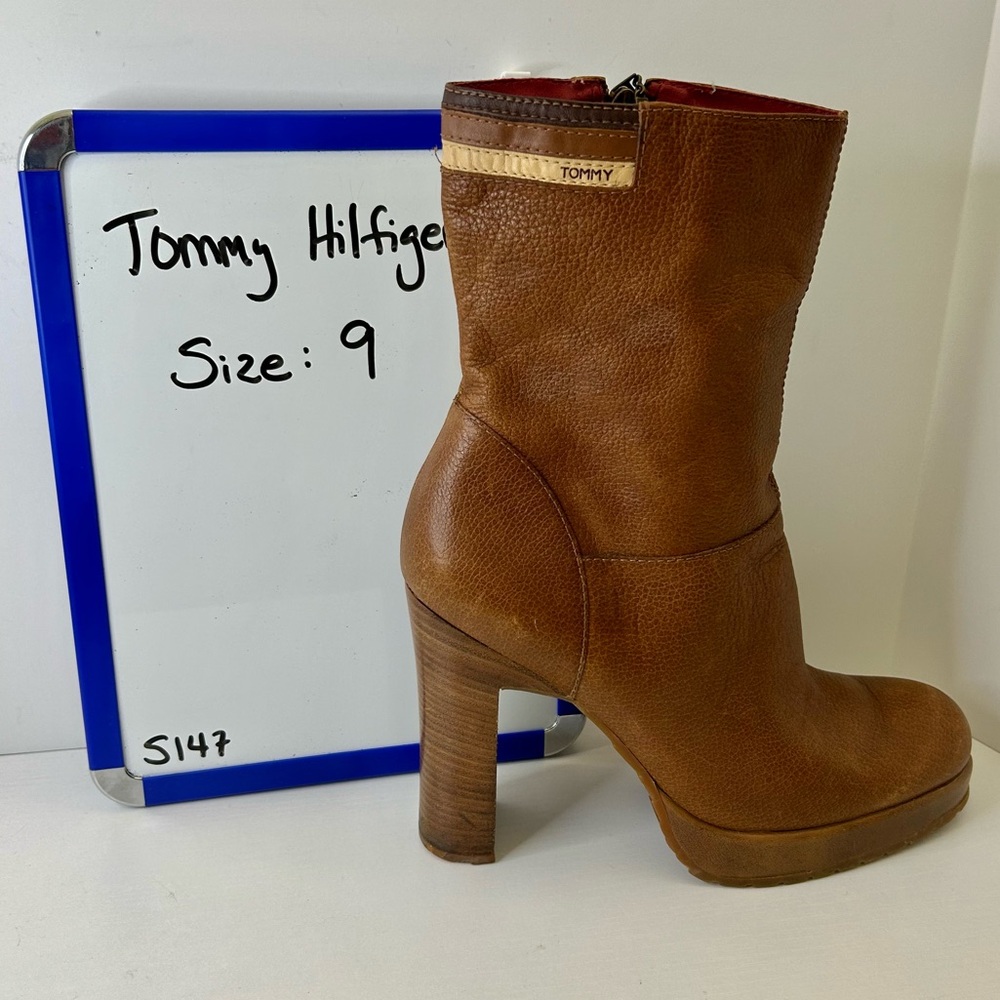 Vintage Tommy Hilfiger 90’s Platform Heel Tan Brown Leather Boots Size 9 - Picture 14 of 16